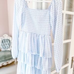 Madden NYC Women's Juniors' Triple Ruffle Smocked Peasant Dress